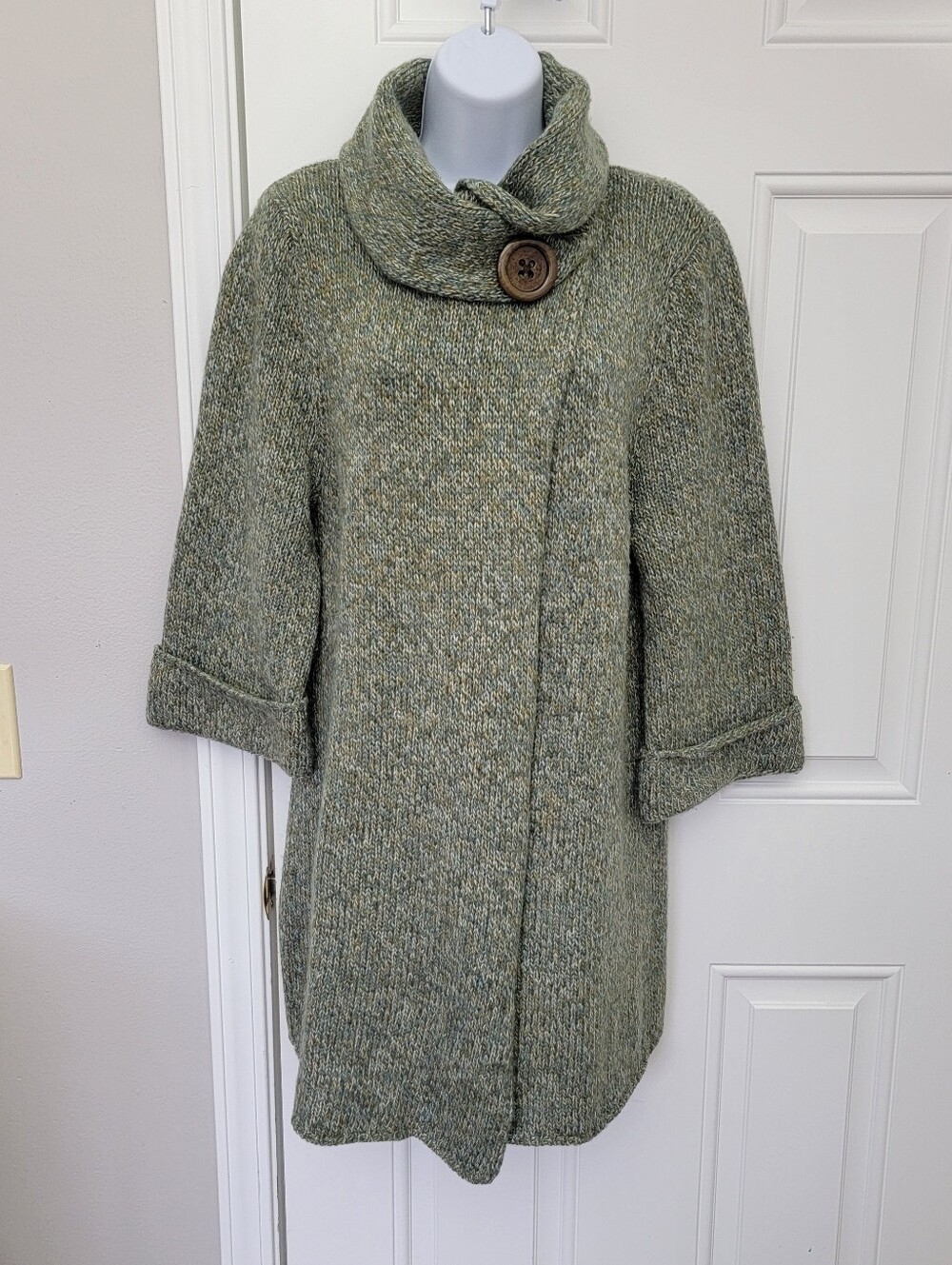 Soft Surroundings Green Marled Knit Cowl Neck Button 3/4 Sleeve Cardigan Medium